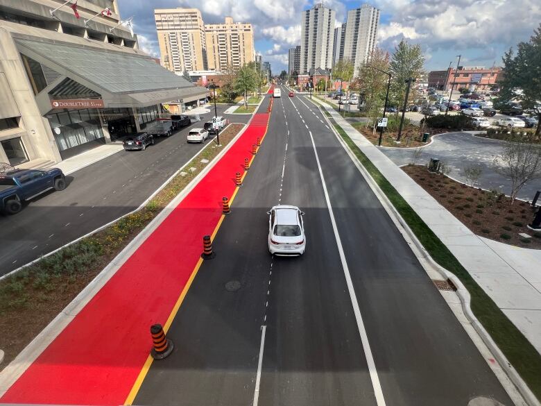 Red paint marks the newly installed bus lanes outside the Double Tree hotel on King Street.