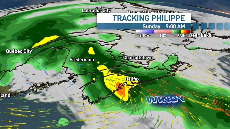 A map shows heavy periods of rain moving into the Maritimes Saturday night into Sunday morning. 