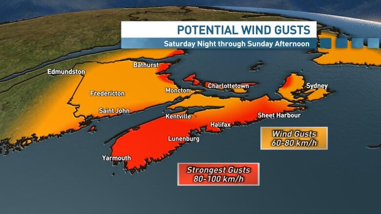 A map of the Maritimes shows heavy winds between 80 to over 100 kilometers per hour in red and 60 to 80 kilometers per hour in yellow. 