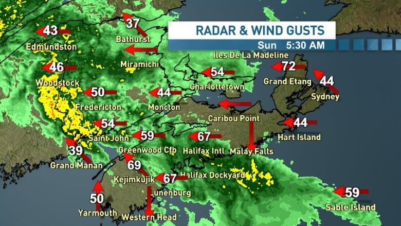 a map shows a weather radar to depict where heavy rain and high winds will be in the Maritimes 