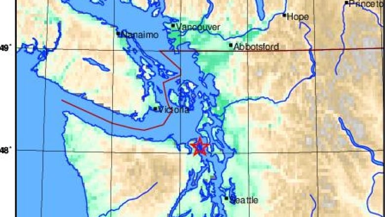 A map shows a star indicating where the earthquake happened on the ocean between Seattle and Victoria. 