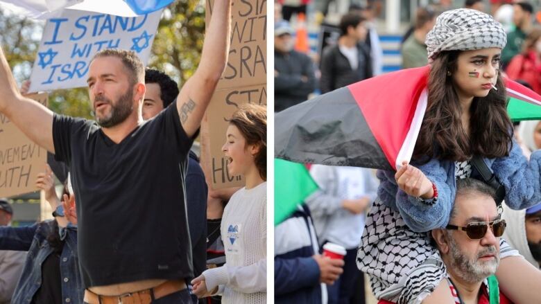 A side by side images shows a man on the left holding an Israeli flag. On the right, a young girl is holding a Palestinian flag.