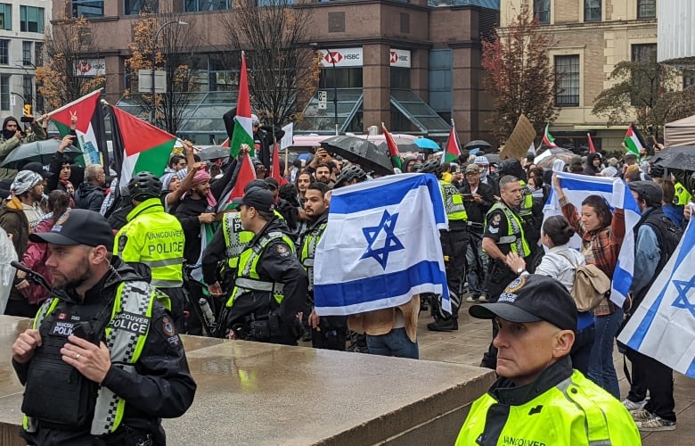 A few Israeli flags at a largely pro-Palestinian protest.