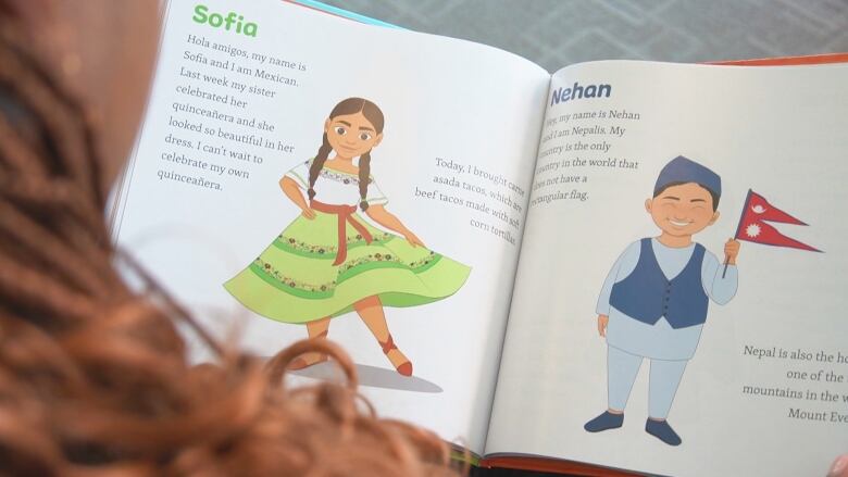 An open book. On the left page, am illustration of a girl with braids in a white top and green skirt is pictured. Her name, Sofia, is written above in green. On the right page, an illustration of a boy in a blue top and light blue pants is pictured holding a Nepal flag. His name, Nehan, is written in blue above.