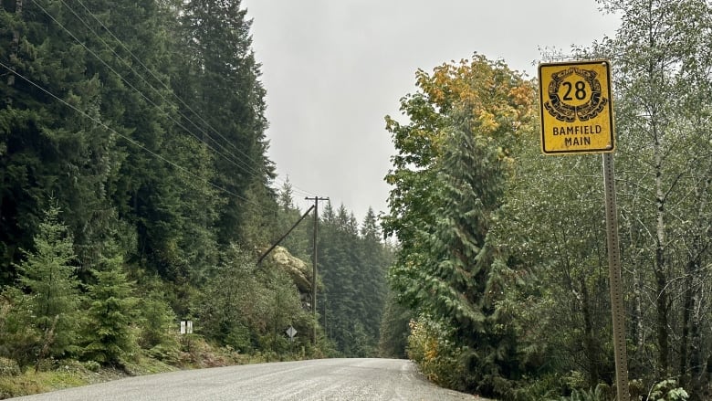 A road cutting across forrest with a sign that is the kilometre marker (counting up from Port Alberni)