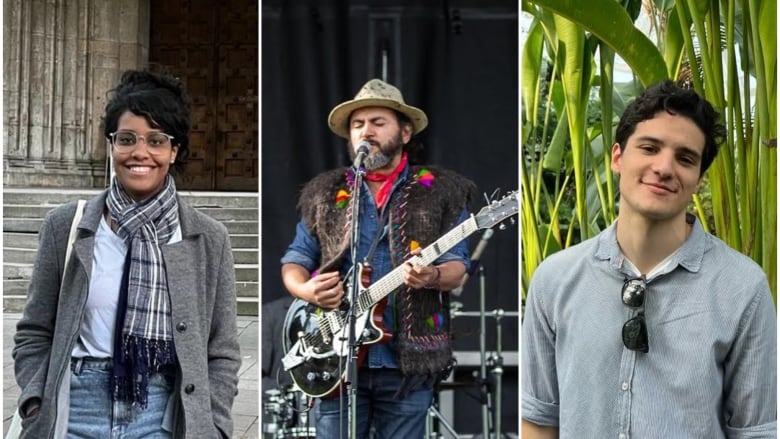 A collage of three photos shows a woman in a long grey coat smiling, a man with a hat playing guitar on stage and a man in a buttoned up shirt in front of green plants. 