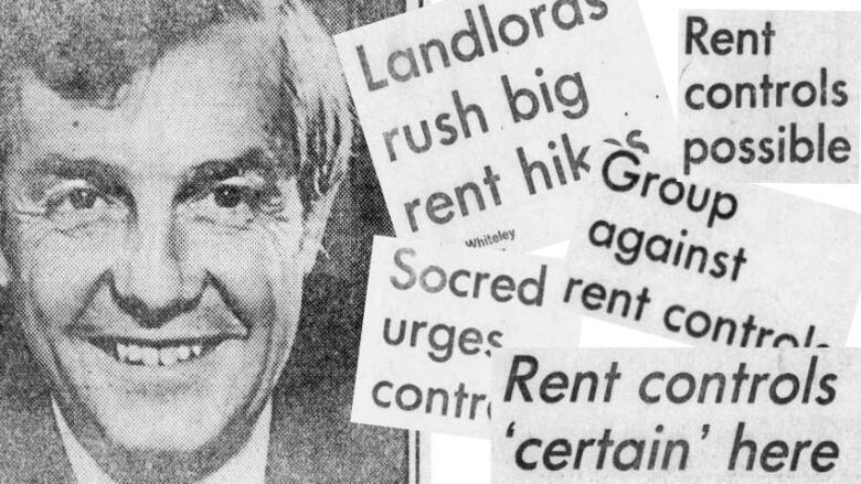 A photo of Premier Peter Lougheed and numerous newspaper headlines from 1975 regarding the debate over rent controls in Alberta.