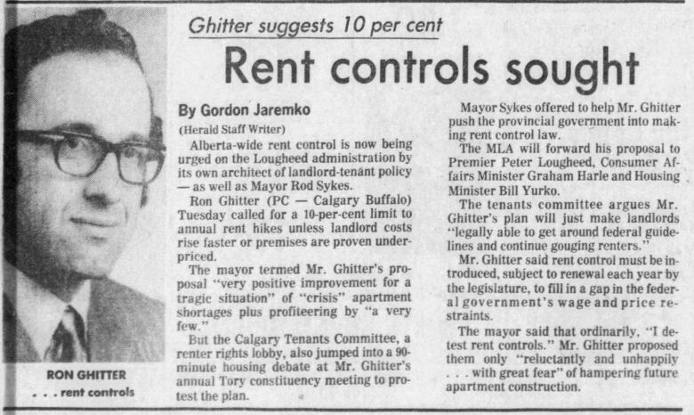 A Calgary Herald article from Oct. 22, 1975, in which Calgary-Buffalo PC MLA Ron Ghitter discusses 'reluctantly and unhappily' calling for rent control in Alberta.