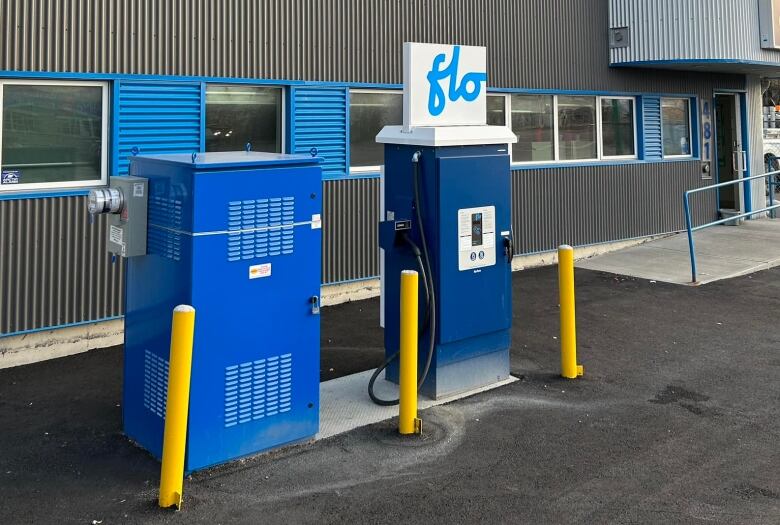 An electric vehicle charging station in front of a big grey building.