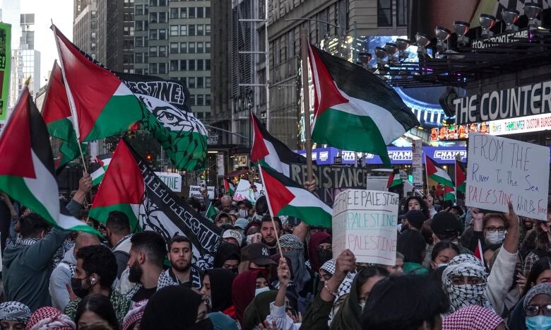 A large crowd of protests wave flags and hold placards.