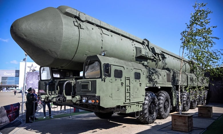 A Russian intercontinental ballistic missile launcher Yars, which can carry nuclear warheads,  is displayed outside Moscow during the International Military Forum Army on August 15, 2023.