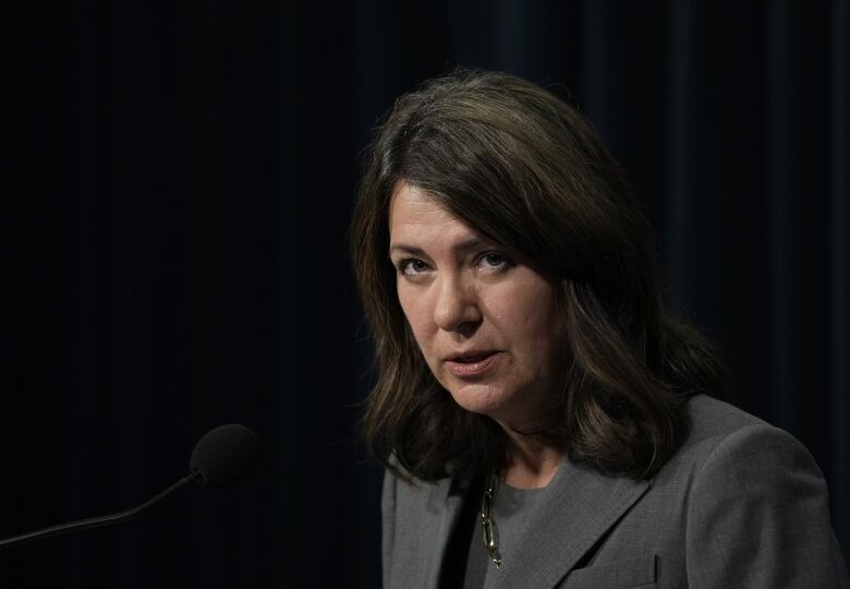 A woman with brown hair and grey suit speaks into a microphone. 