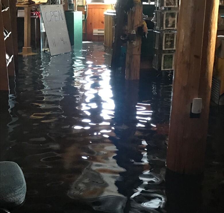 The inside of a wooden building with water on the ground