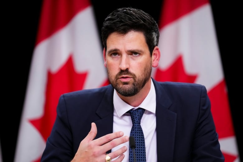 A man in a blue suit and tie speaks at a microphone. Two Canadian flags hang behind him.