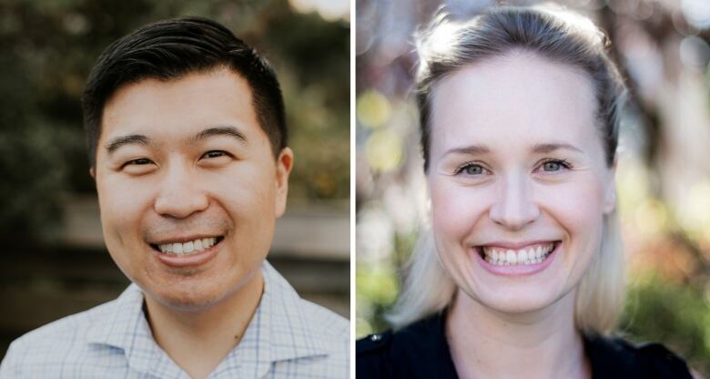 A composite image: On left: a man in a blue striped shirt stands outside, smiling for the camera. And on right: a woman stands outside, smiling to the camera. There are trees, out of focus, in the background.