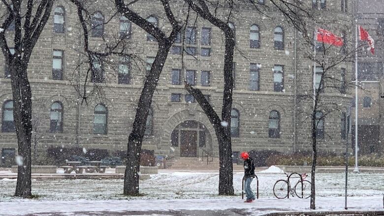 A person walks past a building as snow falls