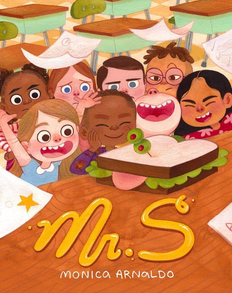 A picture book cover of a class of cartoon kids peering over a desk at a sandwich. 