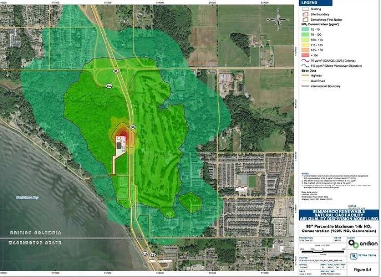 A map in an Andrion Global report depicts a model of how nitrogen dioxide could disperse around the plant. 