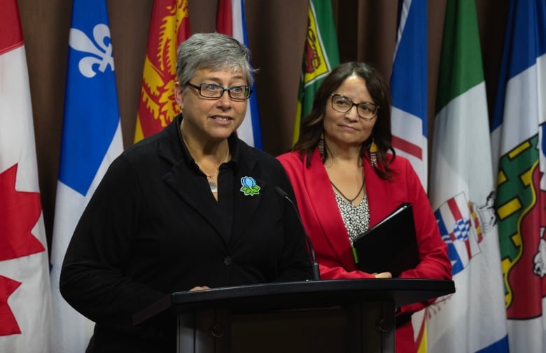 A politician speaks at a podium with flags behind her as another politician looks on.