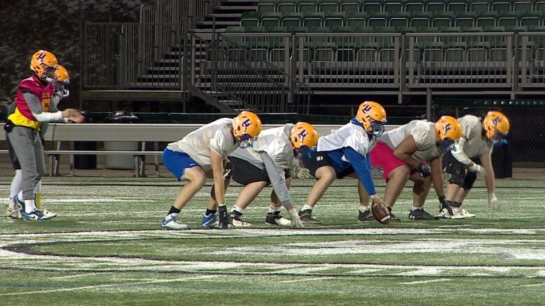 football players in gear are standing on a football field at night