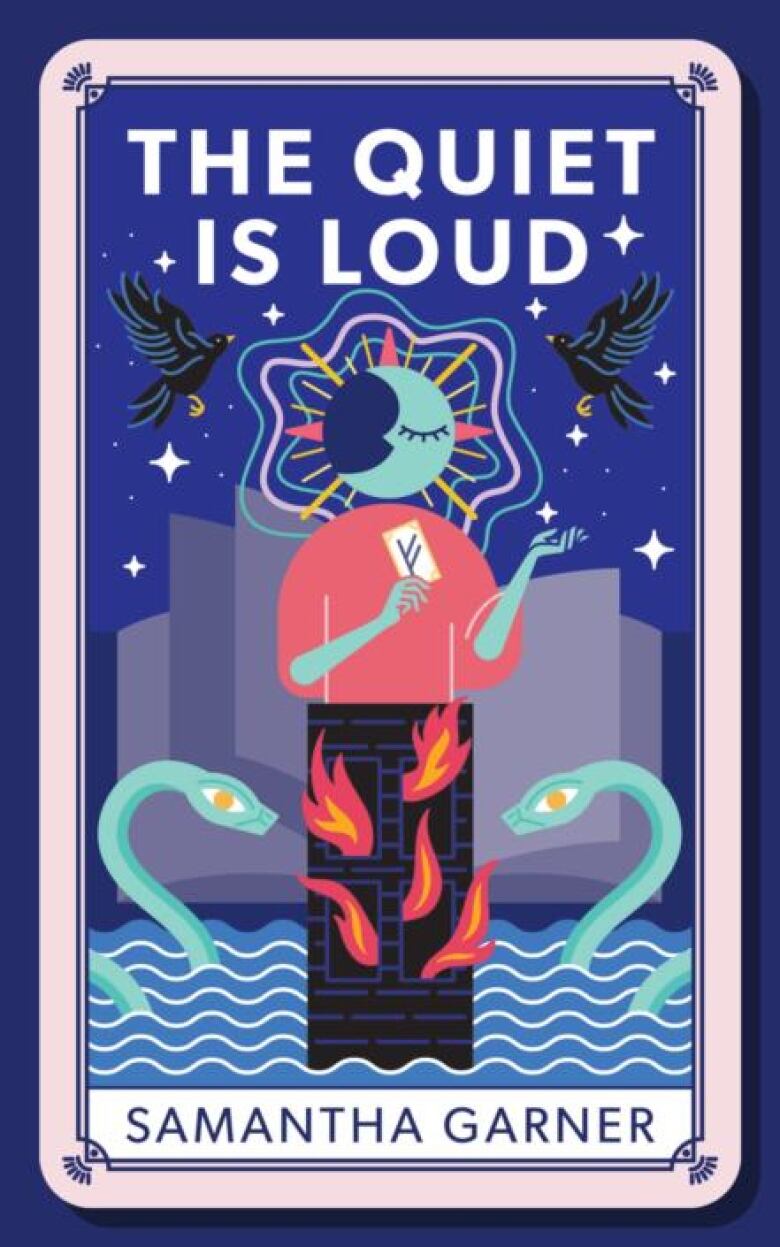 The Quiet Is Loud by Samantha Garner. Illustrated book cover of a tarot card with a figure standing in a body of water surrounded by snakes and crows.