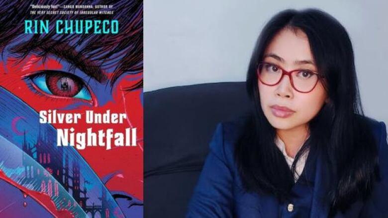 Silver Under Nightfall by Rin Chupeco. Illustrated book cover of a red eye and a gothic castle under a crescent moon. Headshot of a nonbinary Chinese Filipino author with red glasses.