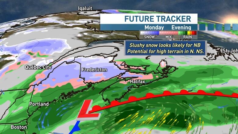 Map shows snow in most of New Brunswick, P.E.I. and northern Nova Scotia on Monday.