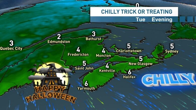 Map showing temperatures ranging from 2 to 6 degrees in the Maritimes on Halloween evening.