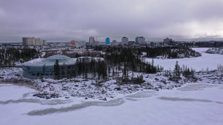 Snow, trees, building, skyline.