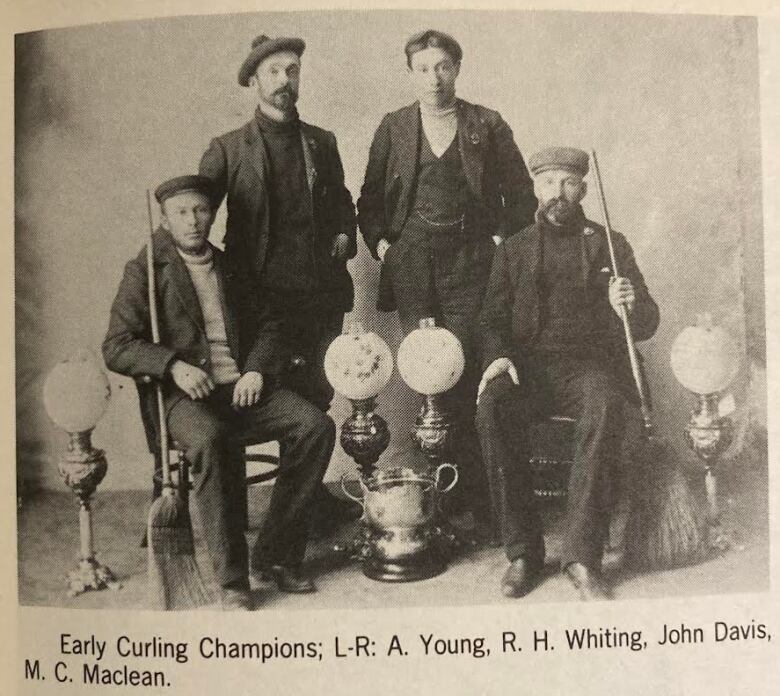 An old photo of four men with traditional brooms. 