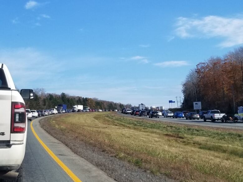 A traffic jam seen from the perspective of a motorist.