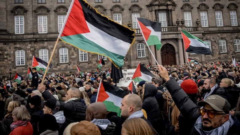 A crowd at a pro-Palestinian demonstration in Copenhagen, Denmark.