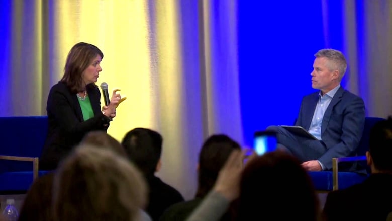 Premier Danielle Smith speaks to host Dave Kelly at the Pembina Institute's 2023 Alberta Climate Summit.