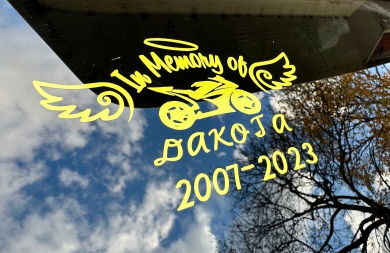 A decal on a vehicle window.