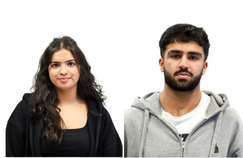 Two South Asian teens are photographed from the shoulders up. On the left is a girl wearing a black t-shirt and an unzipped black hoodie sweatshirt. She has long, cascading black hair and is smiling at the camera. To her right, is a boy wearing a white t-shirt and a grey hoodie sweatshirt zipped up. He looks sternly at the camera.