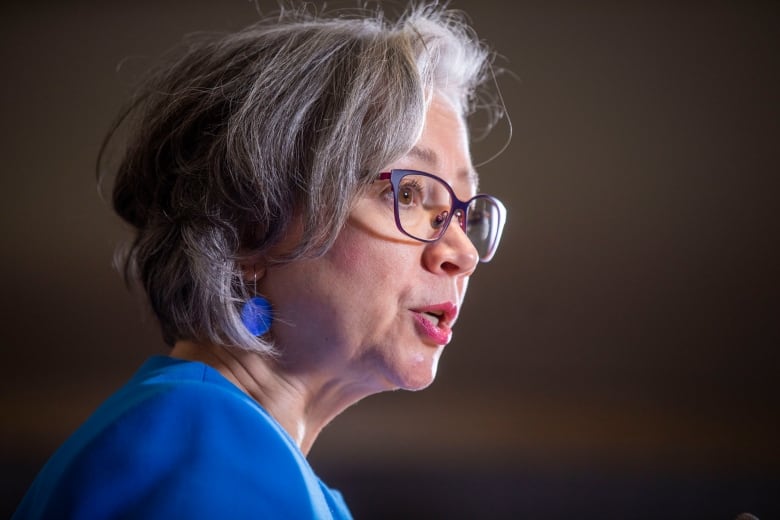 A white woman with short gray hair, wearing a blue top, speaks.