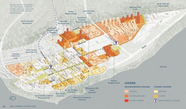 UBC is proposing the creation of four new neighbourhood areas for about 15,000 permanent residents (in orange), along with creating new housing for around 3,300 students (in yellow). 