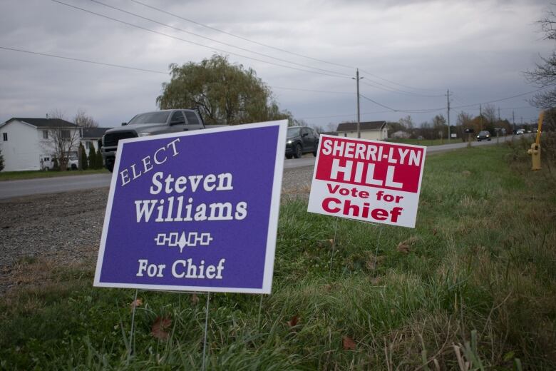 A sign for Steven Williams stands near a sign for Sherri-Lyn Hill.