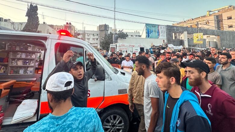 An ambulance in Gaza City, reportedly damaged in an Israeli strike, is seen on Friday.