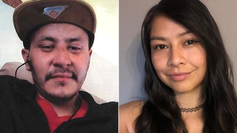 Portrait photos of a young man with a mustache wearing a hat, and a young woman with long, dark hair.