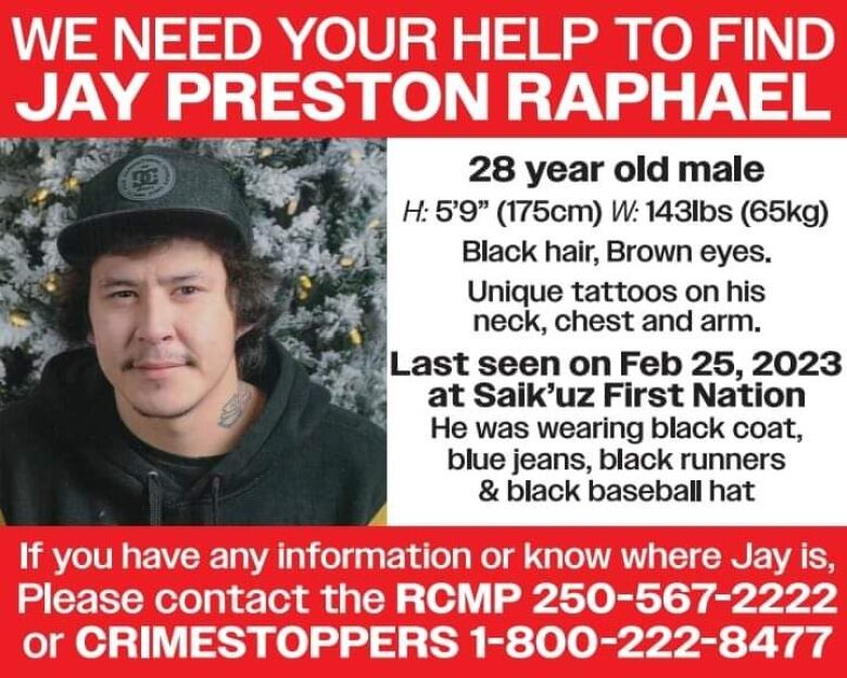 A missing poster for a man called Jay Preston Raphael, who is pictured as a young Indigenous man with a neck tattoo and wearing a hoodie.