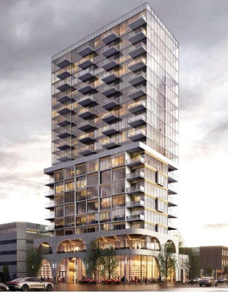 An architect's rendering of a new office and condo building.