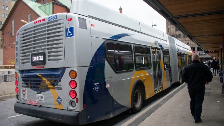 A bus arrives at the downtown terminal in Hamilton.