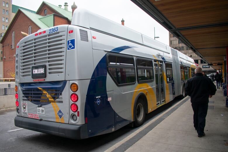 A bus arrives at the downtown terminal in Hamilton.