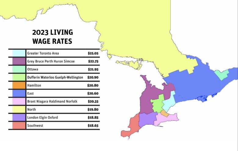 A colour-coded map of Ontario and a chart showing living wage rates. 