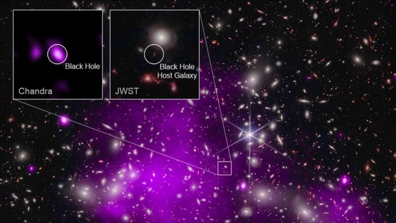 A star field with a purple glow, lots of galaxies, and two insets showing images from Chandra and JWST