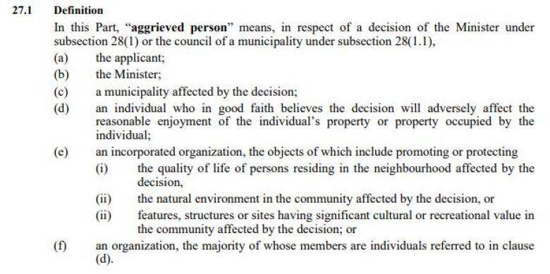 An image showing definitions of aggrieved person in Planning Act amendment.