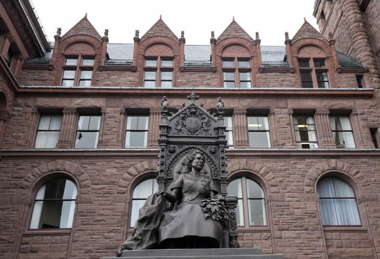 Statue of Queen Elizabeth sits in front of brick building.