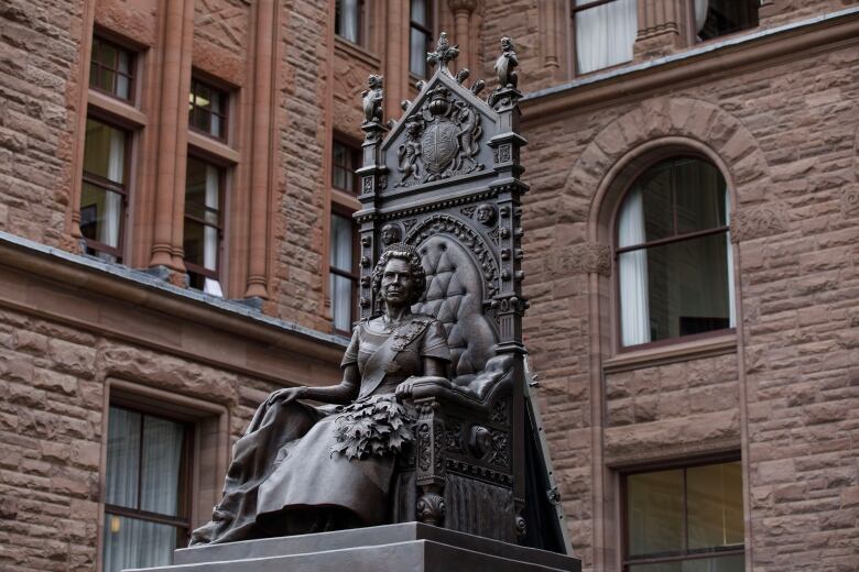 A close up view of a bronze statue honouring Queen Elizabeth is pictured here at Queen's Park in Toronto, on Nov. 7, 2023.