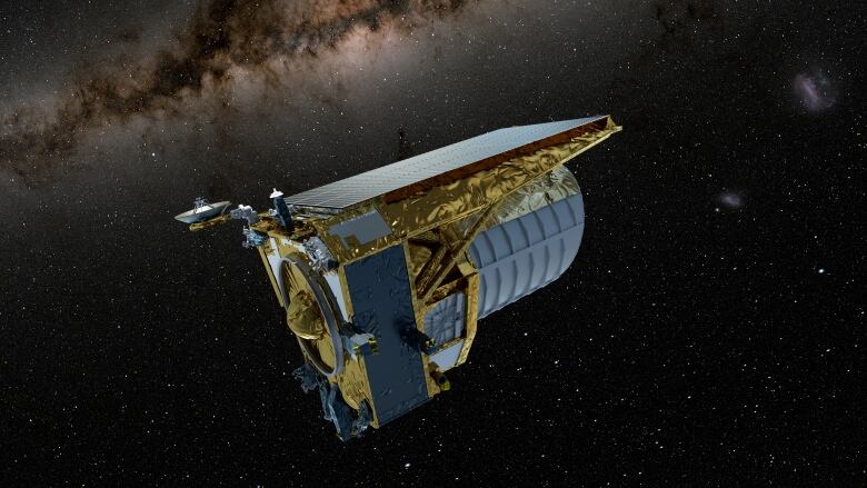 An artist's concept illustrating a space telescope floating in space with stars in the background.